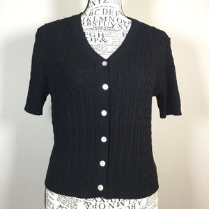Cable knit black vee neck short sleeve top stretchy 90s 1990s button down sz L